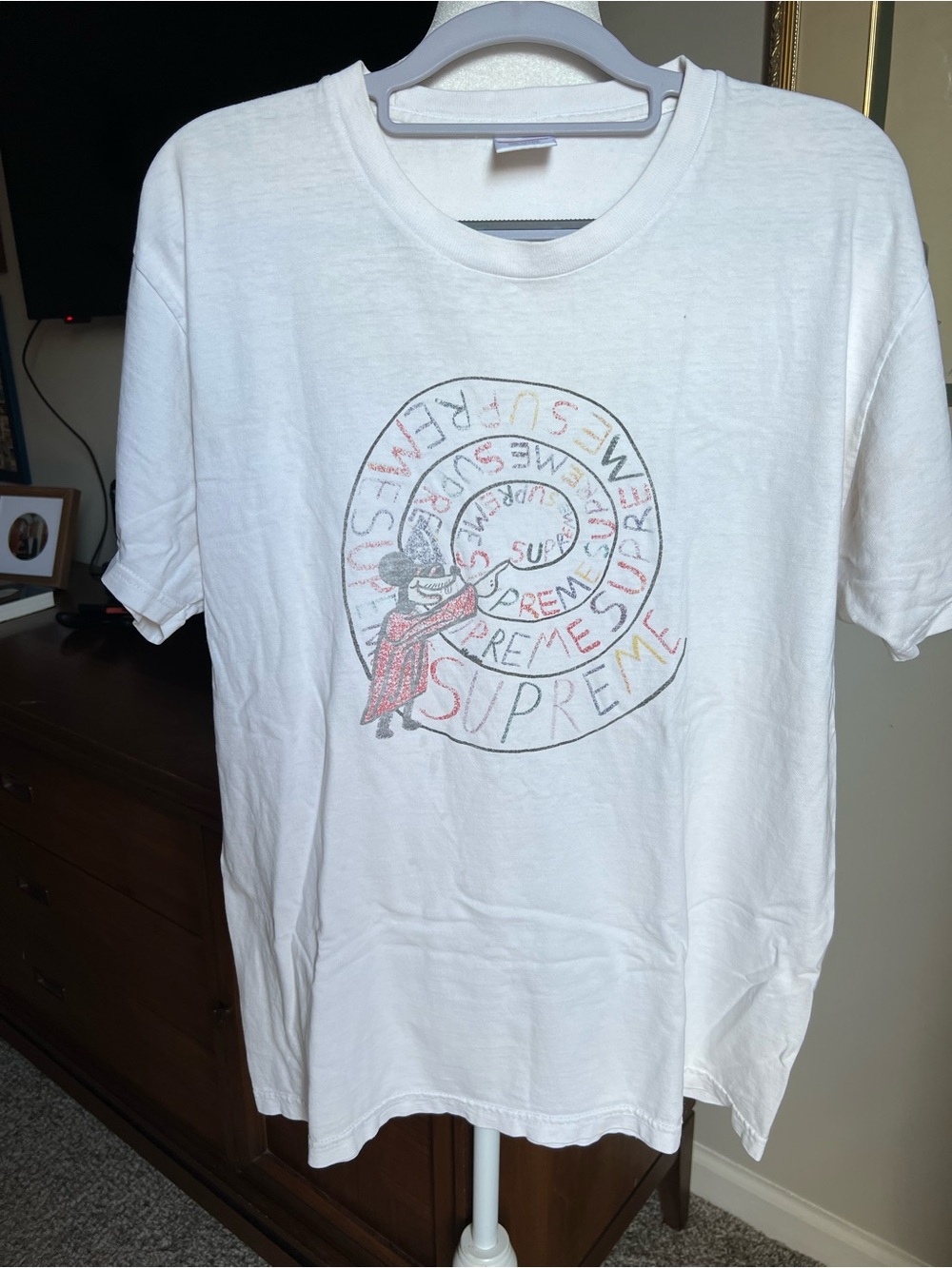 Supreme White Crewneck T-Shirt with Multicolor Spiral Graphic